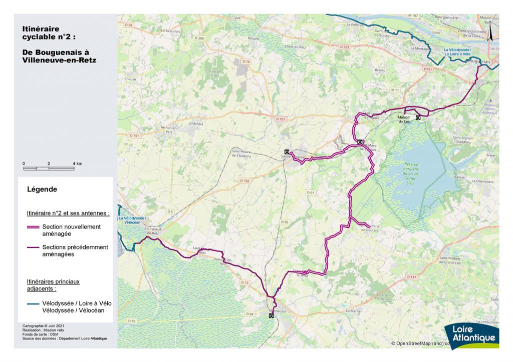 carte itinéraire vélo Villeneuve en Retz - Bouguenais